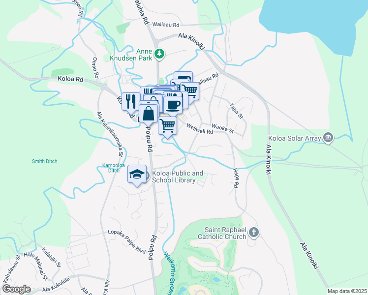 map of restaurants, bars, coffee shops, grocery stores, and more near 3345A Waikomo Road in Koloa