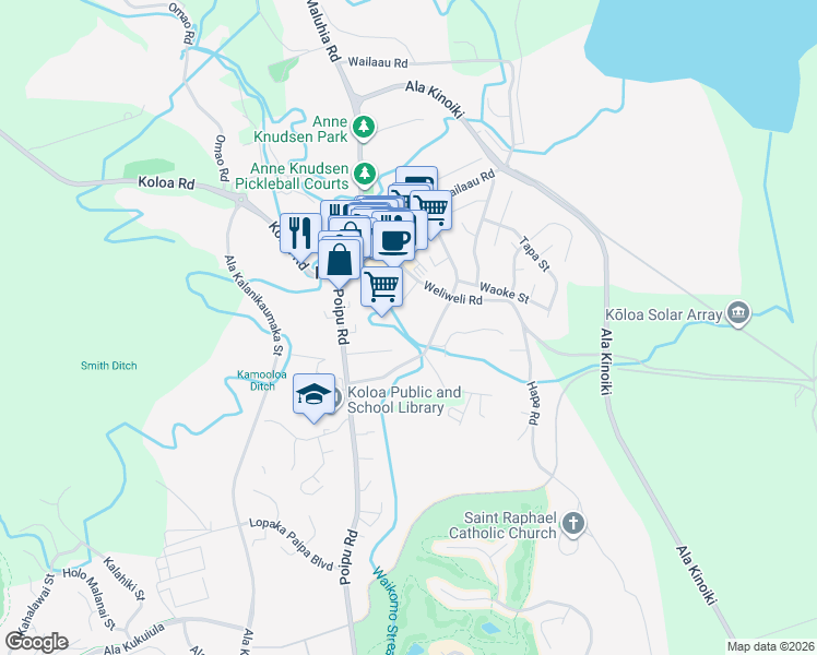 map of restaurants, bars, coffee shops, grocery stores, and more near 3345A Waikomo Road in Koloa