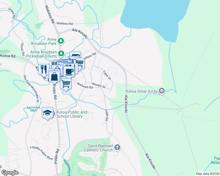 map of restaurants, bars, coffee shops, grocery stores, and more near 3984 Waoke Place in Koloa