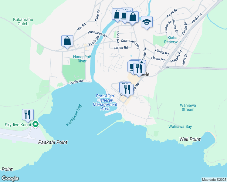 map of restaurants, bars, coffee shops, grocery stores, and more near 4378 Manawanui Court in Eleele