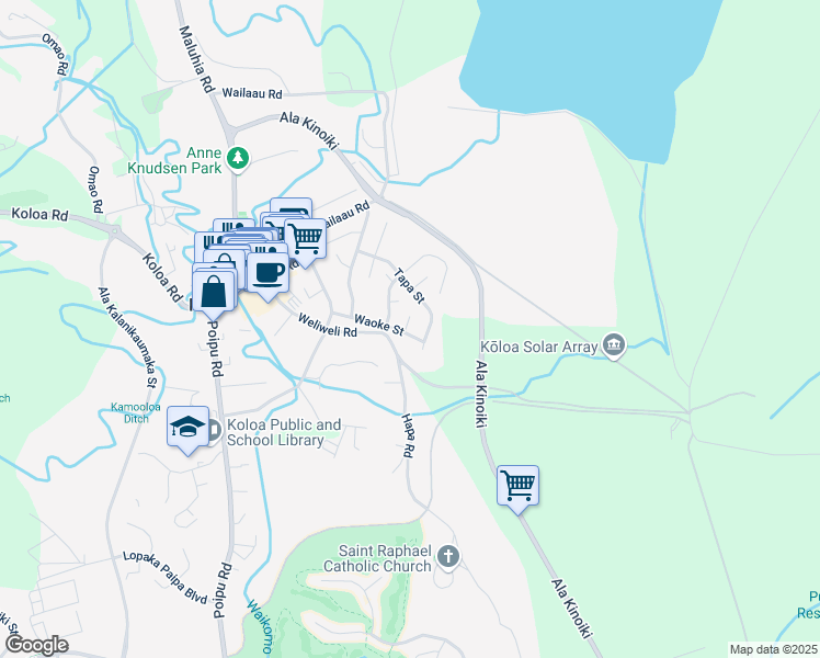 map of restaurants, bars, coffee shops, grocery stores, and more near 3276 Waoke Street in Koloa