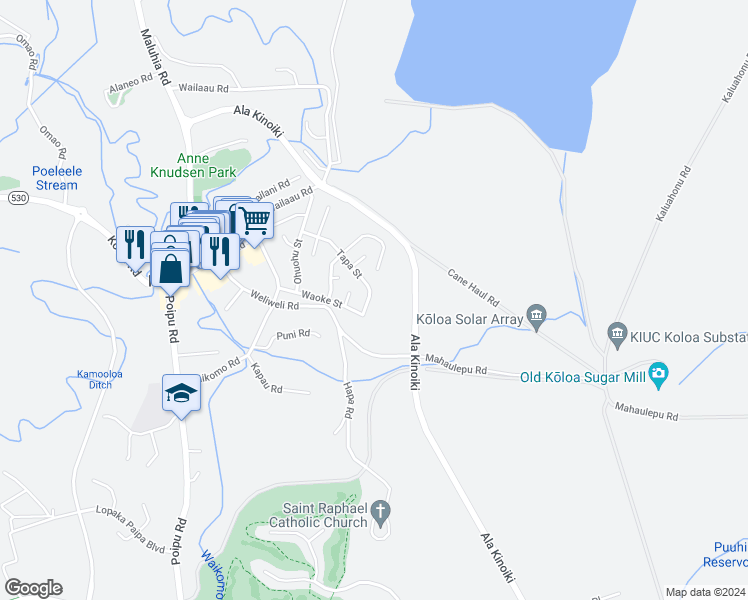 map of restaurants, bars, coffee shops, grocery stores, and more near 5584 Tapa Street in Koloa