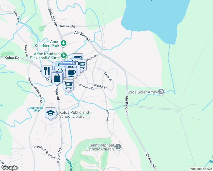 map of restaurants, bars, coffee shops, grocery stores, and more near 3984 Waoke Place in Koloa