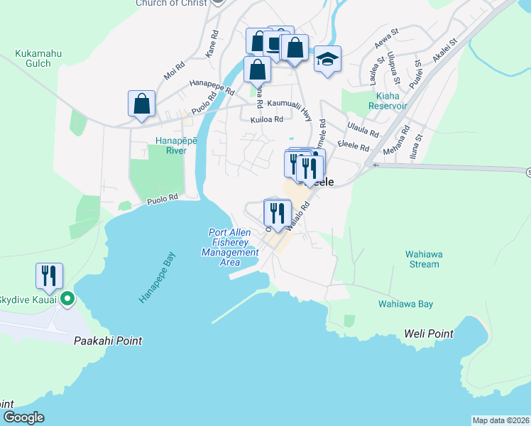 map of restaurants, bars, coffee shops, grocery stores, and more near 4378 Manawanui Court in Eleele