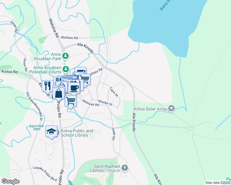 map of restaurants, bars, coffee shops, grocery stores, and more near 5657 Tapa Street in Koloa