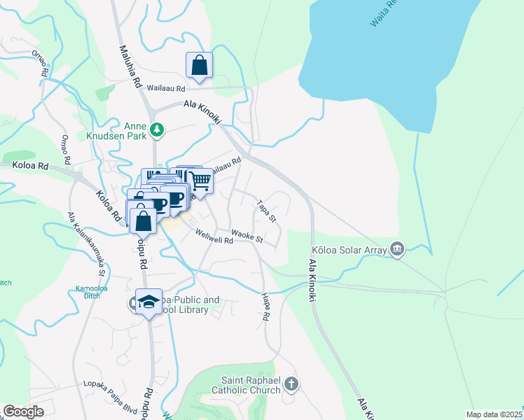 map of restaurants, bars, coffee shops, grocery stores, and more near 3911 Mamaki Street in Koloa