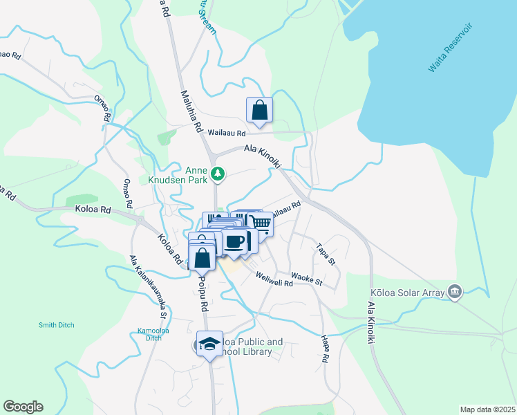 map of restaurants, bars, coffee shops, grocery stores, and more near 3549 Wailani Road in Koloa