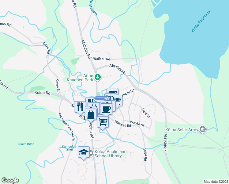 map of restaurants, bars, coffee shops, grocery stores, and more near 3549 Wailani Road in Koloa