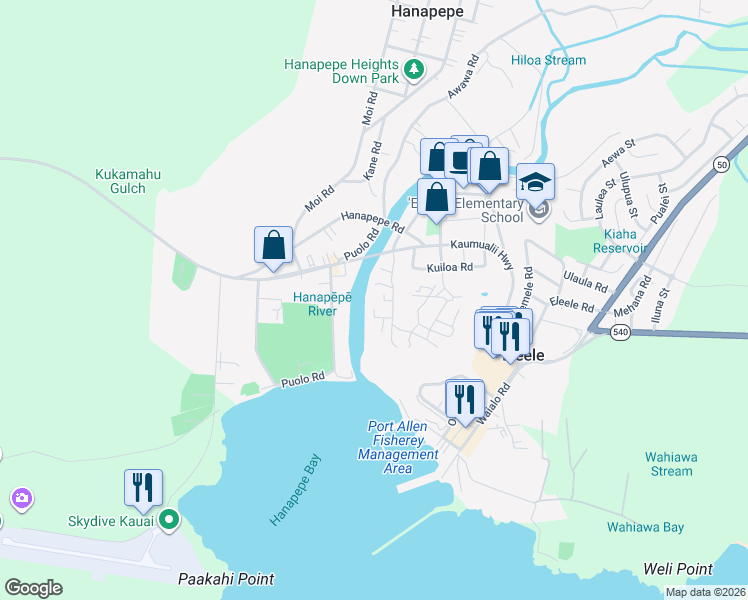 map of restaurants, bars, coffee shops, grocery stores, and more near 4449 Iona Road in Hanapepe