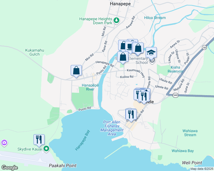 map of restaurants, bars, coffee shops, grocery stores, and more near 4449 Iona Road in Hanapepe