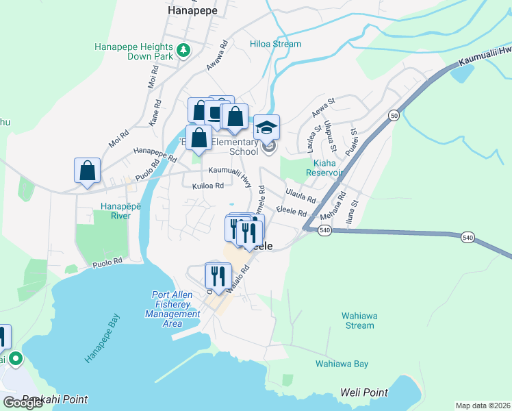 map of restaurants, bars, coffee shops, grocery stores, and more near 4641 Melemele Road in Eleele