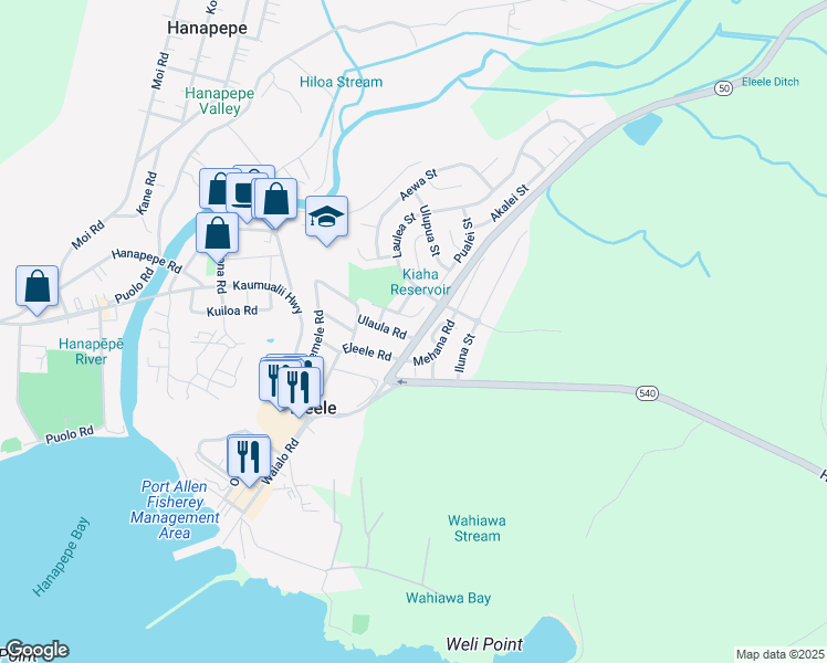map of restaurants, bars, coffee shops, grocery stores, and more near 4533 Mimo Place in Eleele