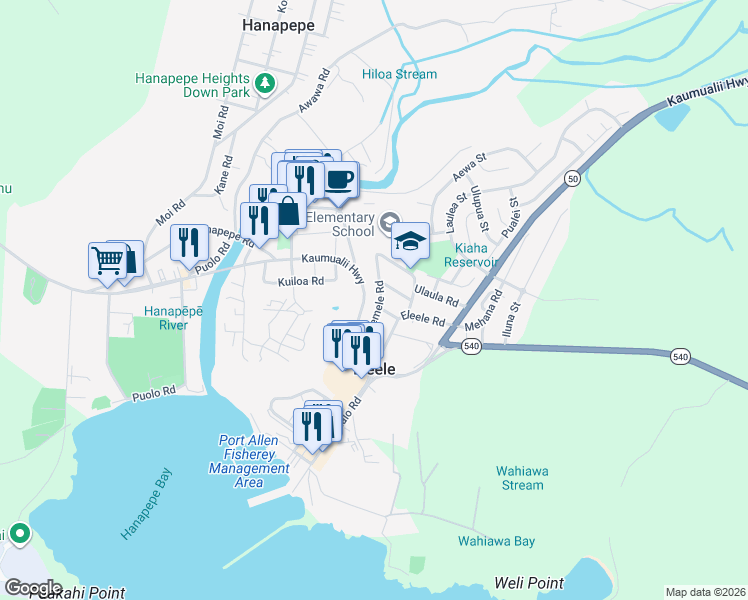 map of restaurants, bars, coffee shops, grocery stores, and more near 4641 Melemele Road in Eleele