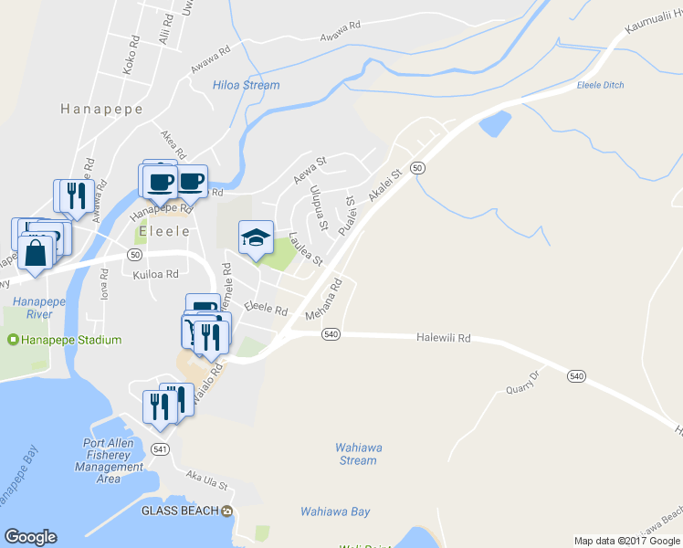 map of restaurants, bars, coffee shops, grocery stores, and more near Mehana Road in Eleele