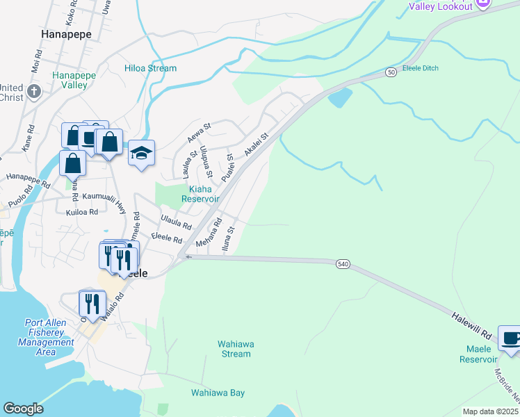 map of restaurants, bars, coffee shops, grocery stores, and more near 408 Mehana Road in Eleele