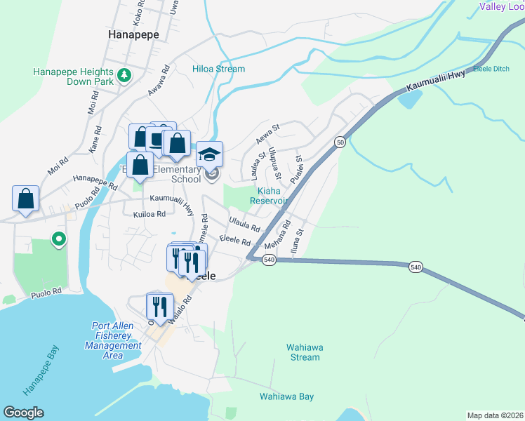 map of restaurants, bars, coffee shops, grocery stores, and more near 596 Paani Street in Eleele