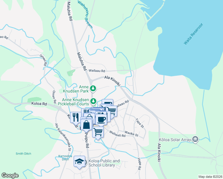 map of restaurants, bars, coffee shops, grocery stores, and more near 5490B Emi Road in Koloa