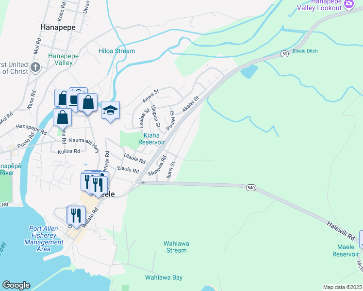 map of restaurants, bars, coffee shops, grocery stores, and more near 408 Mehana Road in Eleele