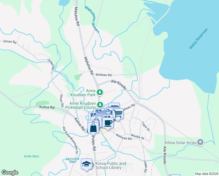 map of restaurants, bars, coffee shops, grocery stores, and more near 5490B Emi Road in Koloa
