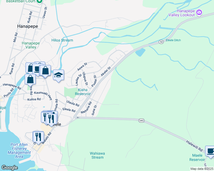 map of restaurants, bars, coffee shops, grocery stores, and more near 482 Mehana Road in Eleele