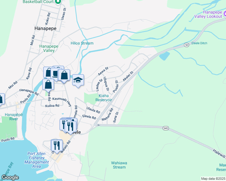 map of restaurants, bars, coffee shops, grocery stores, and more near 4585 Pualei Street in Eleele
