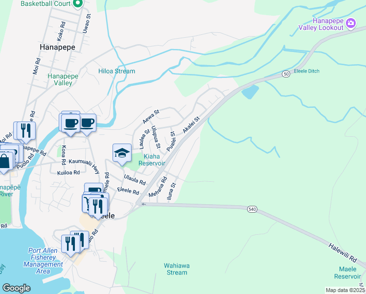 map of restaurants, bars, coffee shops, grocery stores, and more near 482 Mehana Road in Eleele