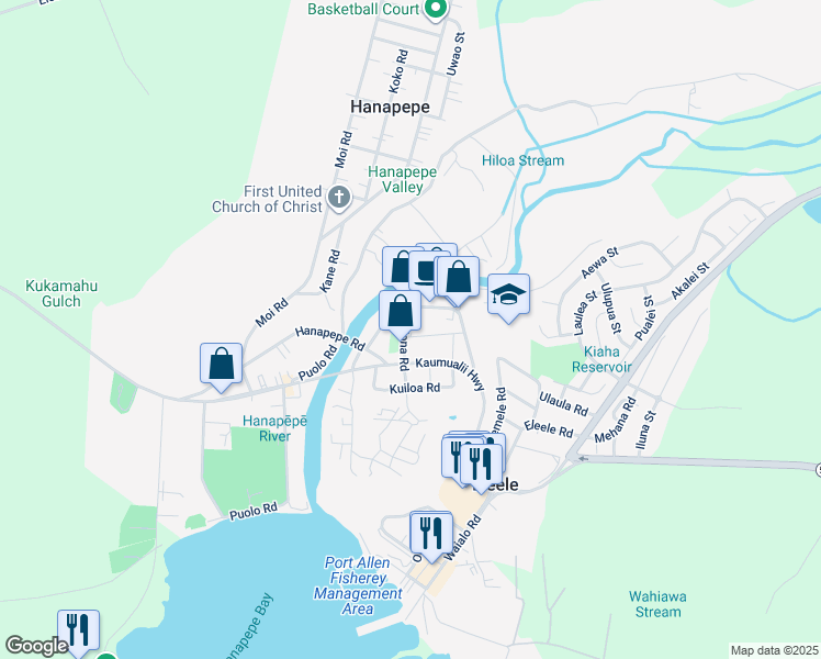 map of restaurants, bars, coffee shops, grocery stores, and more near 3817 Kona Road in Hanapepe