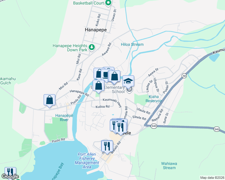 map of restaurants, bars, coffee shops, grocery stores, and more near 3901 Koula Road in Hanapepe