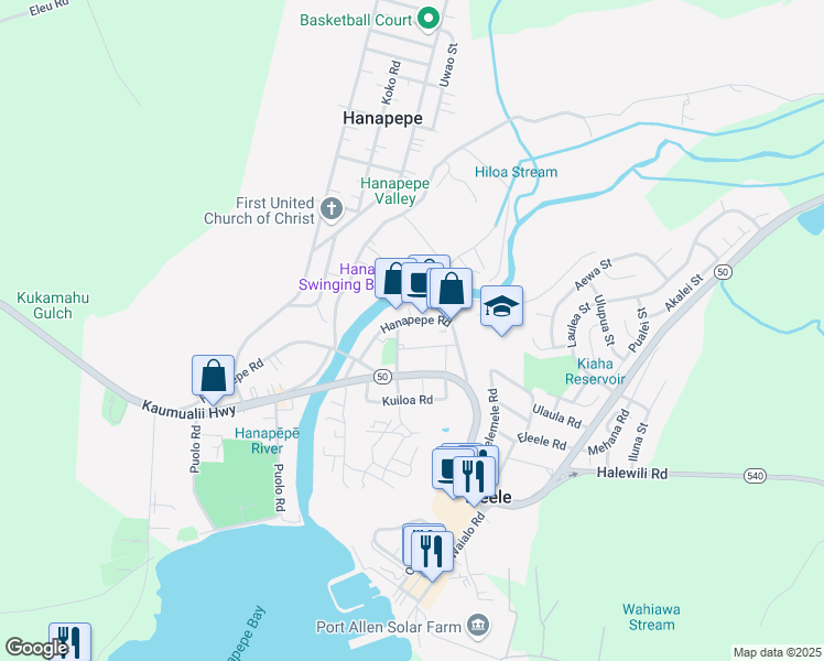 map of restaurants, bars, coffee shops, grocery stores, and more near 3817 Kona Road in Hanapepe