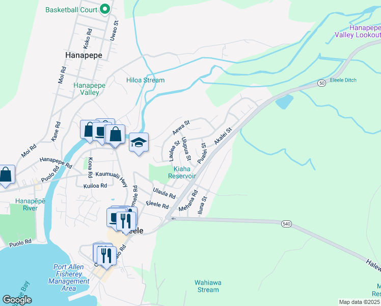 map of restaurants, bars, coffee shops, grocery stores, and more near 4585 Pualei Street in Eleele