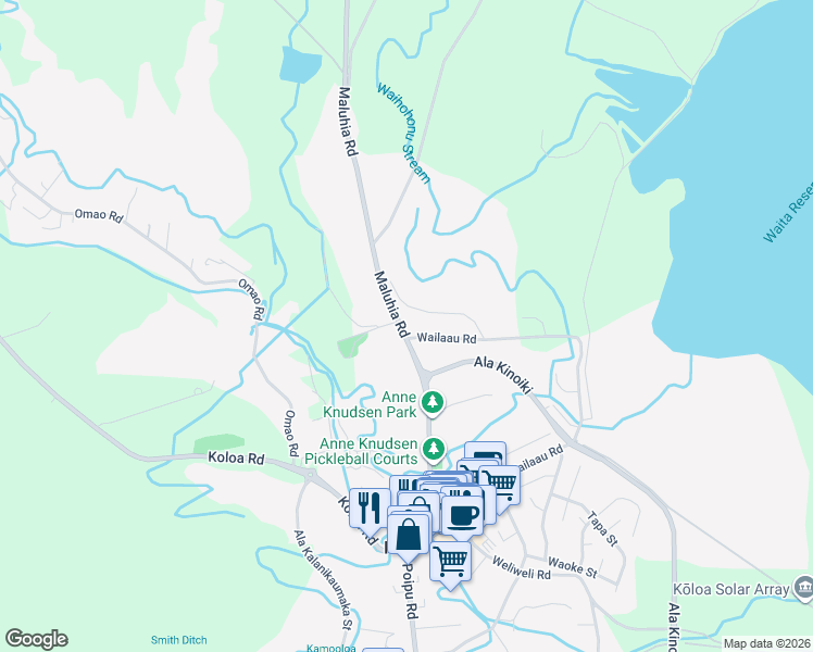 map of restaurants, bars, coffee shops, grocery stores, and more near 5407 Wailaau Road in Koloa