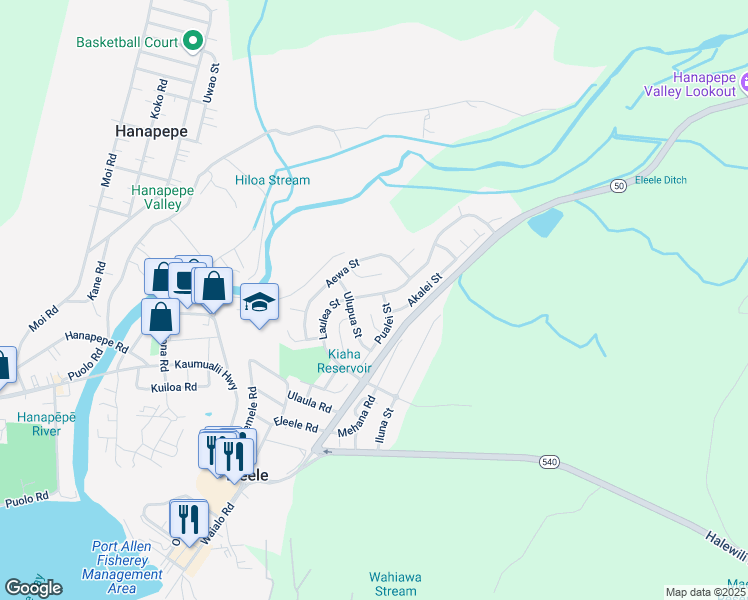 map of restaurants, bars, coffee shops, grocery stores, and more near 634 Laulea Street in Eleele