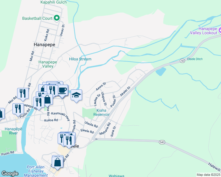 map of restaurants, bars, coffee shops, grocery stores, and more near 634 Laulea Street in Eleele