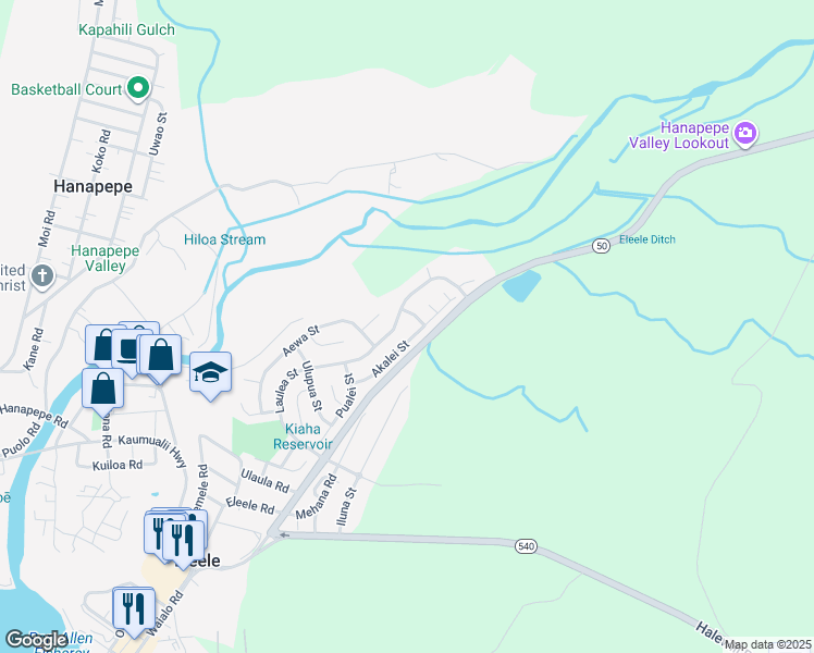 map of restaurants, bars, coffee shops, grocery stores, and more near 755 Akalei Street in Eleele