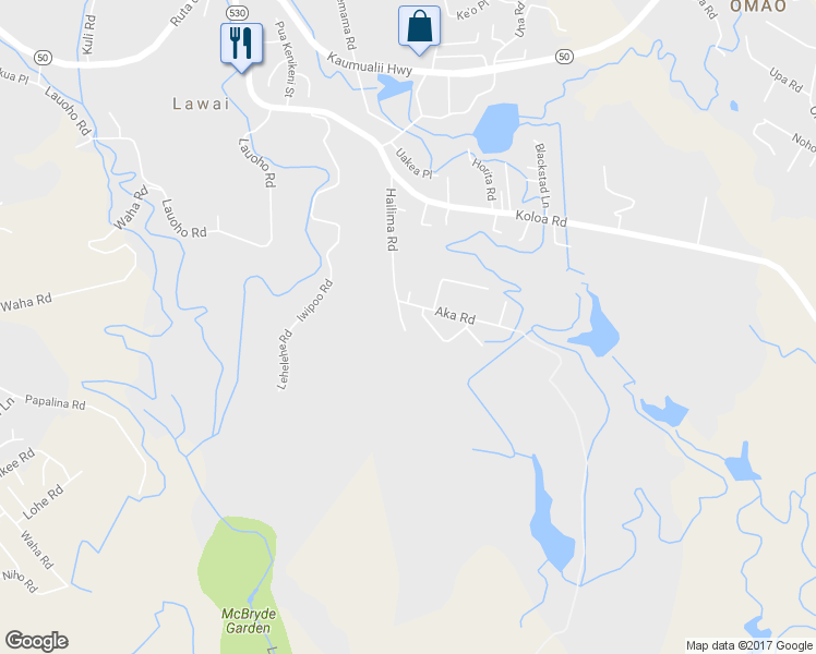 map of restaurants, bars, coffee shops, grocery stores, and more near 3266 Hailima Road in Lawai