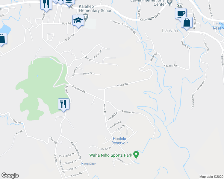 map of restaurants, bars, coffee shops, grocery stores, and more near 3936A Waha Road in Kalaheo