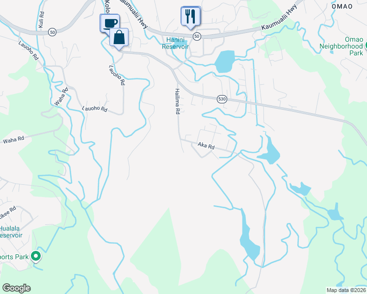 map of restaurants, bars, coffee shops, grocery stores, and more near 3266 Hailima Road in Lawai