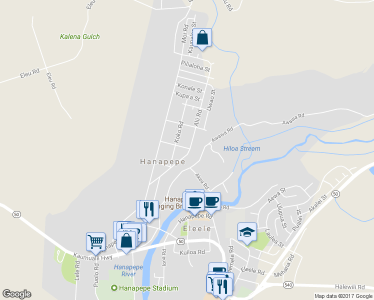 map of restaurants, bars, coffee shops, grocery stores, and more near 3590 Mokihana Road in Hanapepe