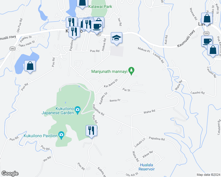 map of restaurants, bars, coffee shops, grocery stores, and more near 4460 Ikena Place in Kalaheo