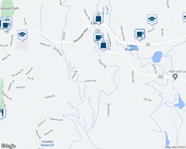 map of restaurants, bars, coffee shops, grocery stores, and more near 3261 Lopaka Place in Kalaheo