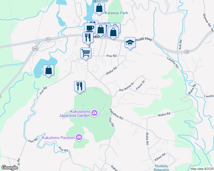 map of restaurants, bars, coffee shops, grocery stores, and more near 4258 Palama Street in Kalaheo