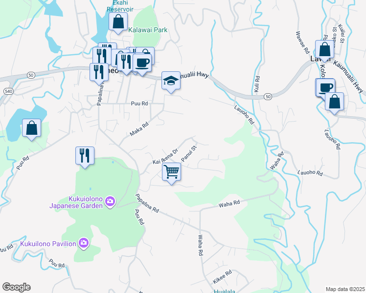 map of restaurants, bars, coffee shops, grocery stores, and more near 4405 Kai Ikena Drive in Kalaheo