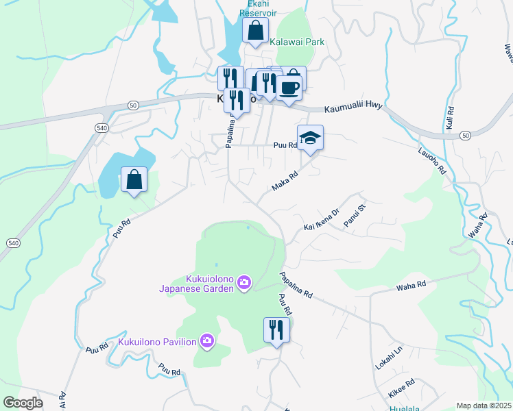 map of restaurants, bars, coffee shops, grocery stores, and more near 22 Maka Road in Kalaheo