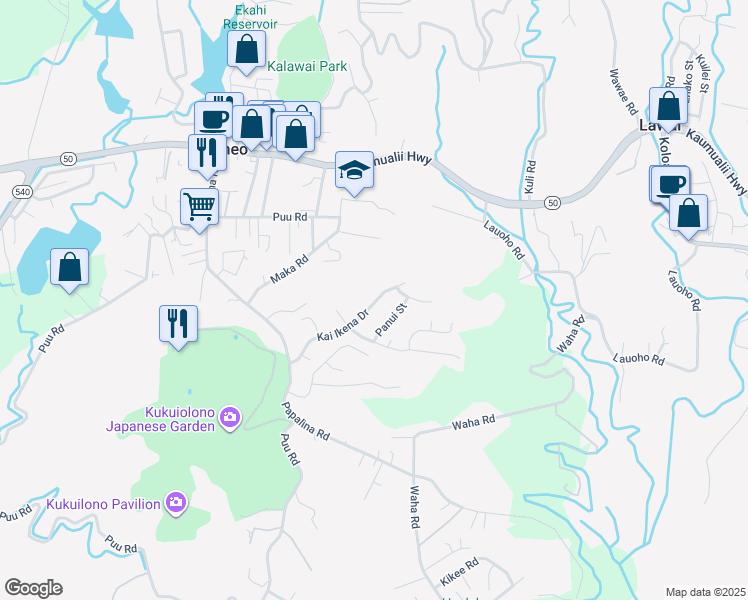 map of restaurants, bars, coffee shops, grocery stores, and more near 4405 Kai Ikena Drive in Kalaheo