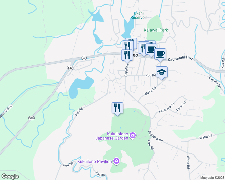 map of restaurants, bars, coffee shops, grocery stores, and more near 4351 Puu Lani Place in Kalaheo