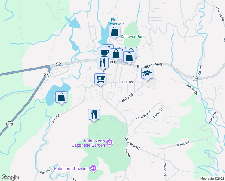 map of restaurants, bars, coffee shops, grocery stores, and more near 2494 Puu Road in Kalaheo