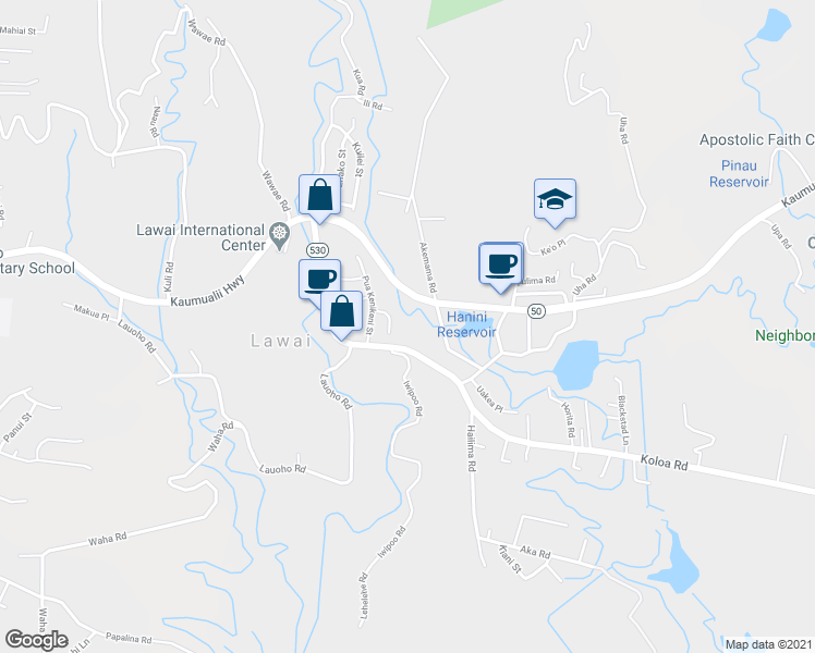 map of restaurants, bars, coffee shops, grocery stores, and more near 3657 Ilima Place in Kalaheo