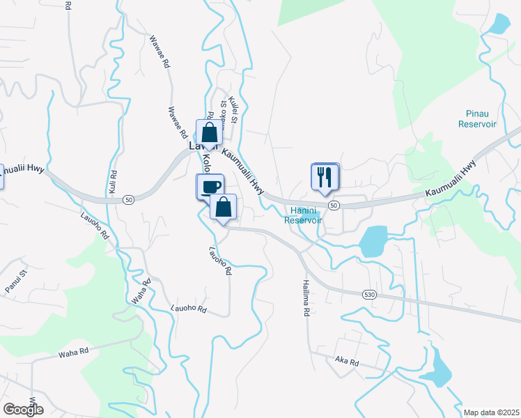 map of restaurants, bars, coffee shops, grocery stores, and more near 3657 Ilima Place in Kalaheo