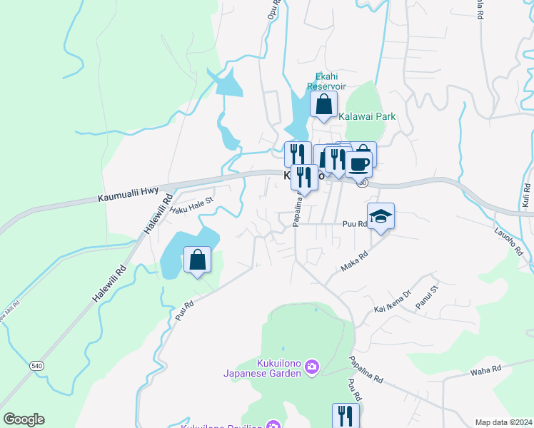 map of restaurants, bars, coffee shops, grocery stores, and more near 2363 Puu Road in Kalaheo
