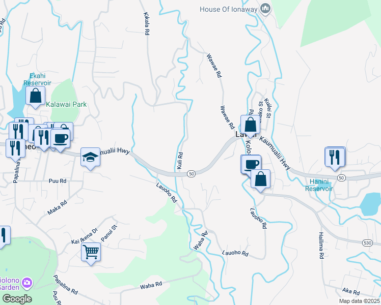 map of restaurants, bars, coffee shops, grocery stores, and more near 4544 Kuli Road in Kalaheo